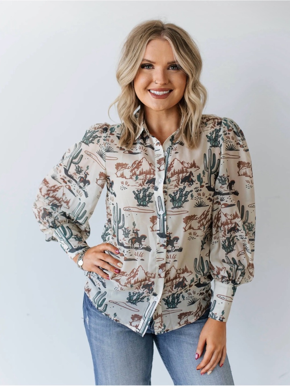 Women's Cream Western Desert Print Button-Down Shirt